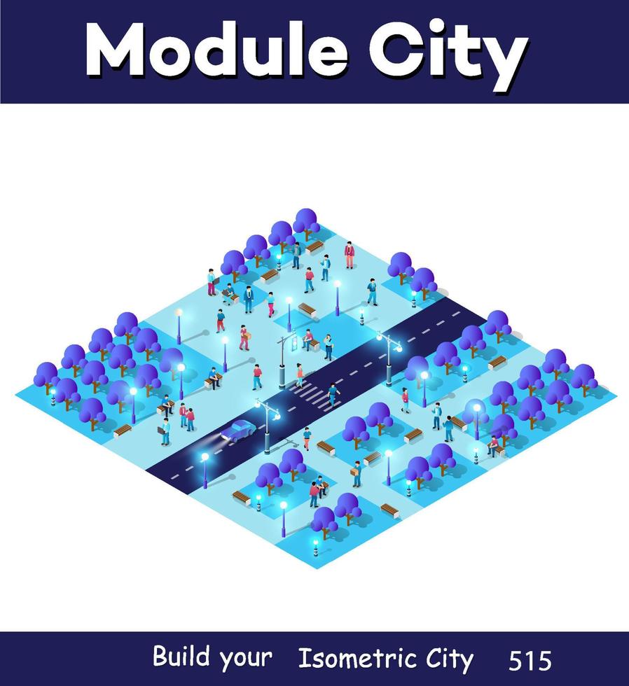 noite isométrica inteligente azul bloco ultravioleta bairro da cidade à noite com luzes. a cidade do futuro é uma ilustração 3d futurista. vetor