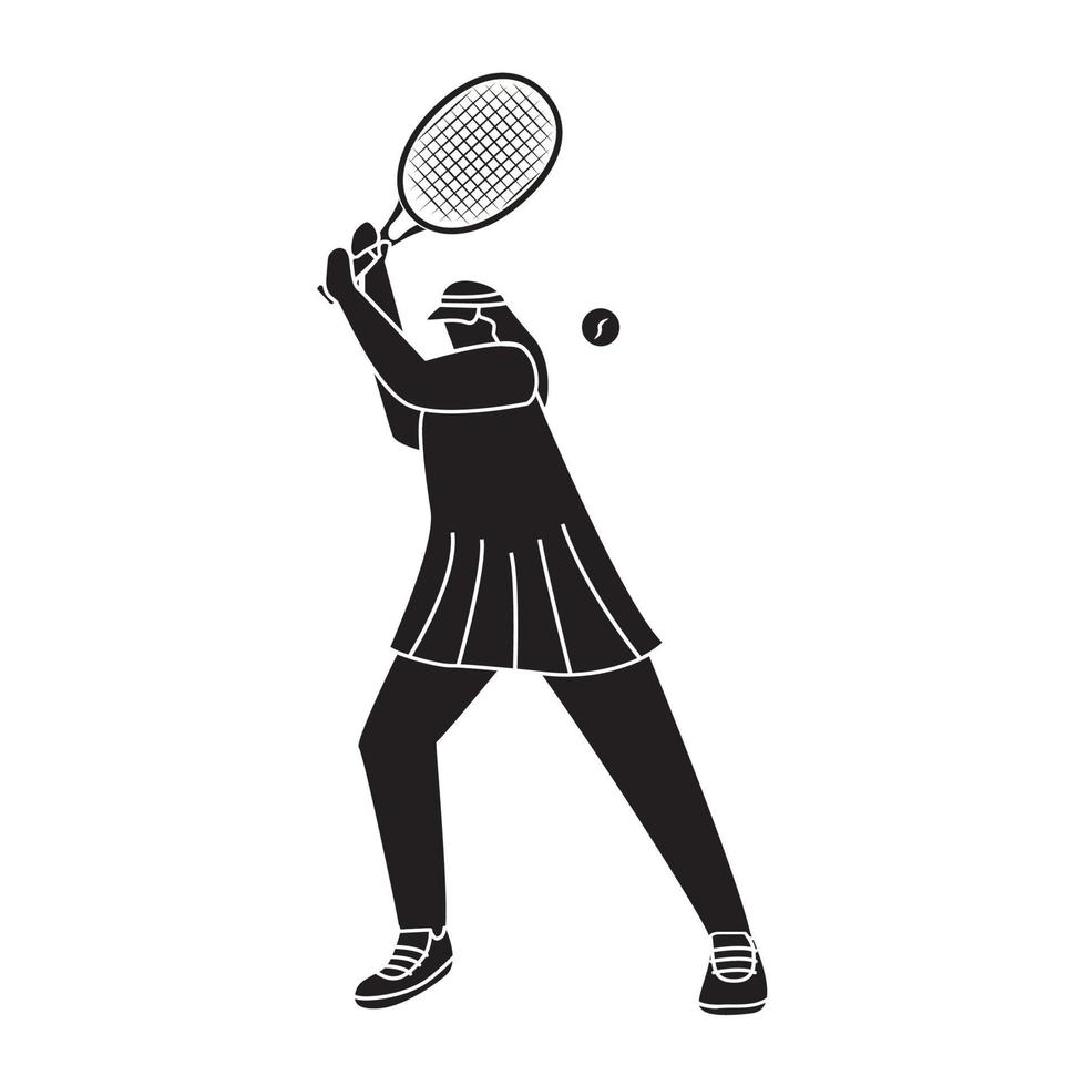 mulher jogando tênis batendo bola com raquete.jovem menina jogar um jogo de esporte em silhueta isolada na ilustração branca background.vector. vetor