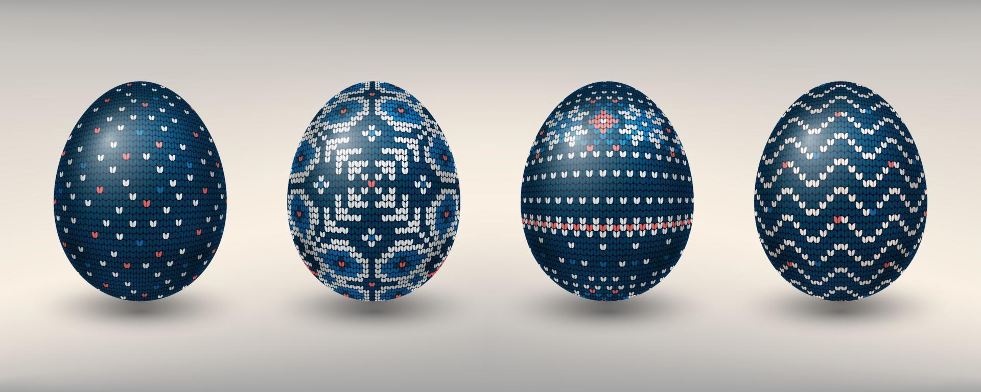 ovos pascais decorados com padrões de tricô azul vetor