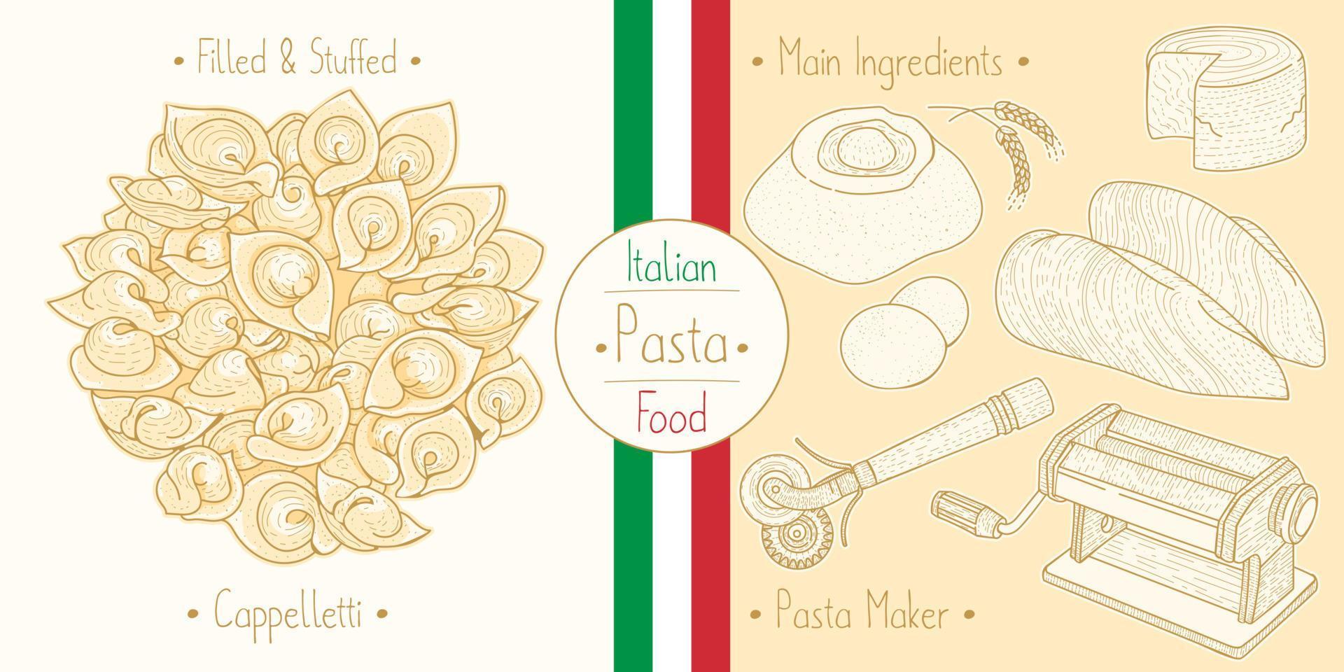 cozinhar massa caooelletti recheada de comida italiana com recheio, ingredientes e equipamentos vetor