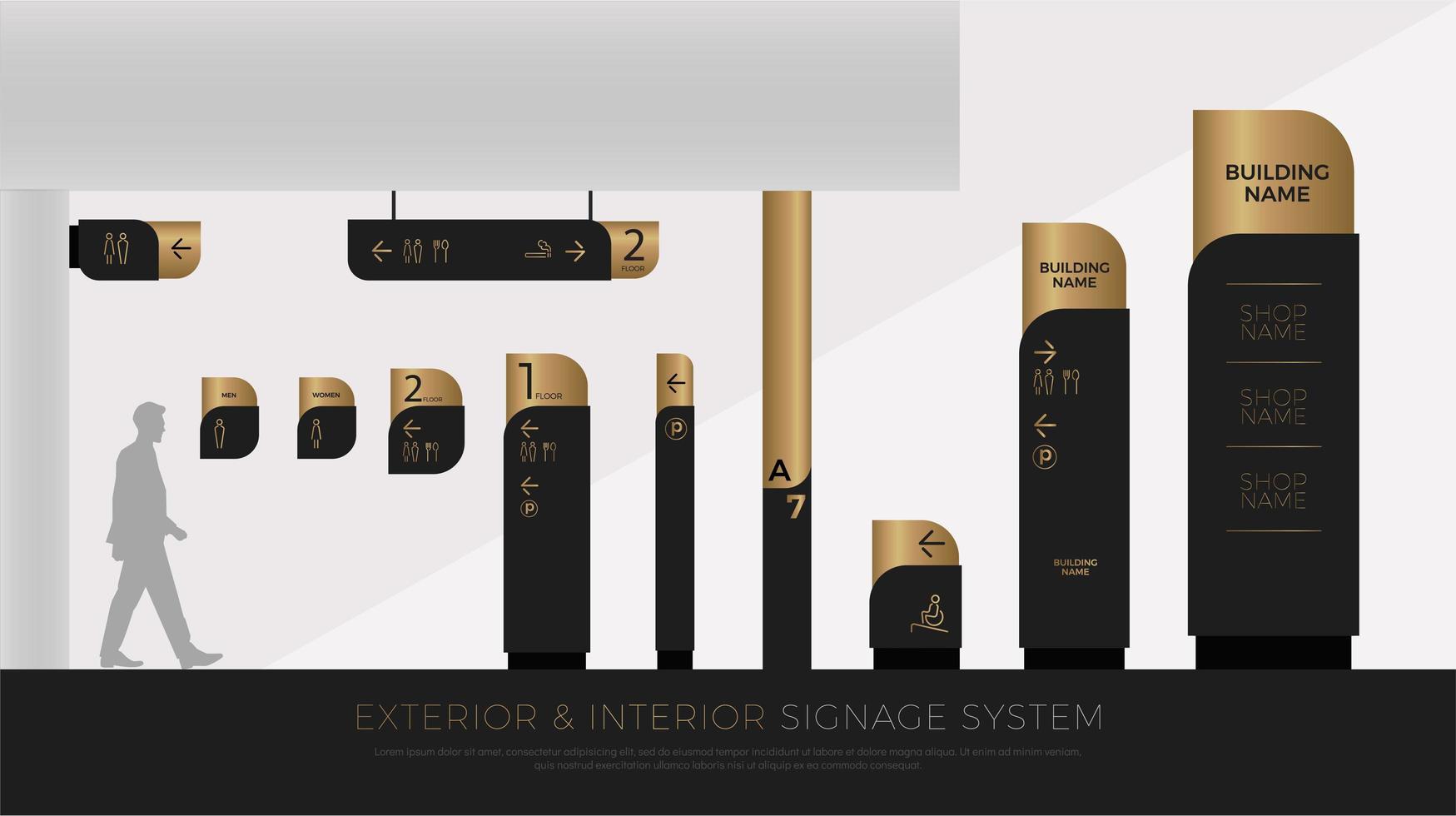 Conjunto de sinalização interna e externa de luxo em preto e dourado vetor
