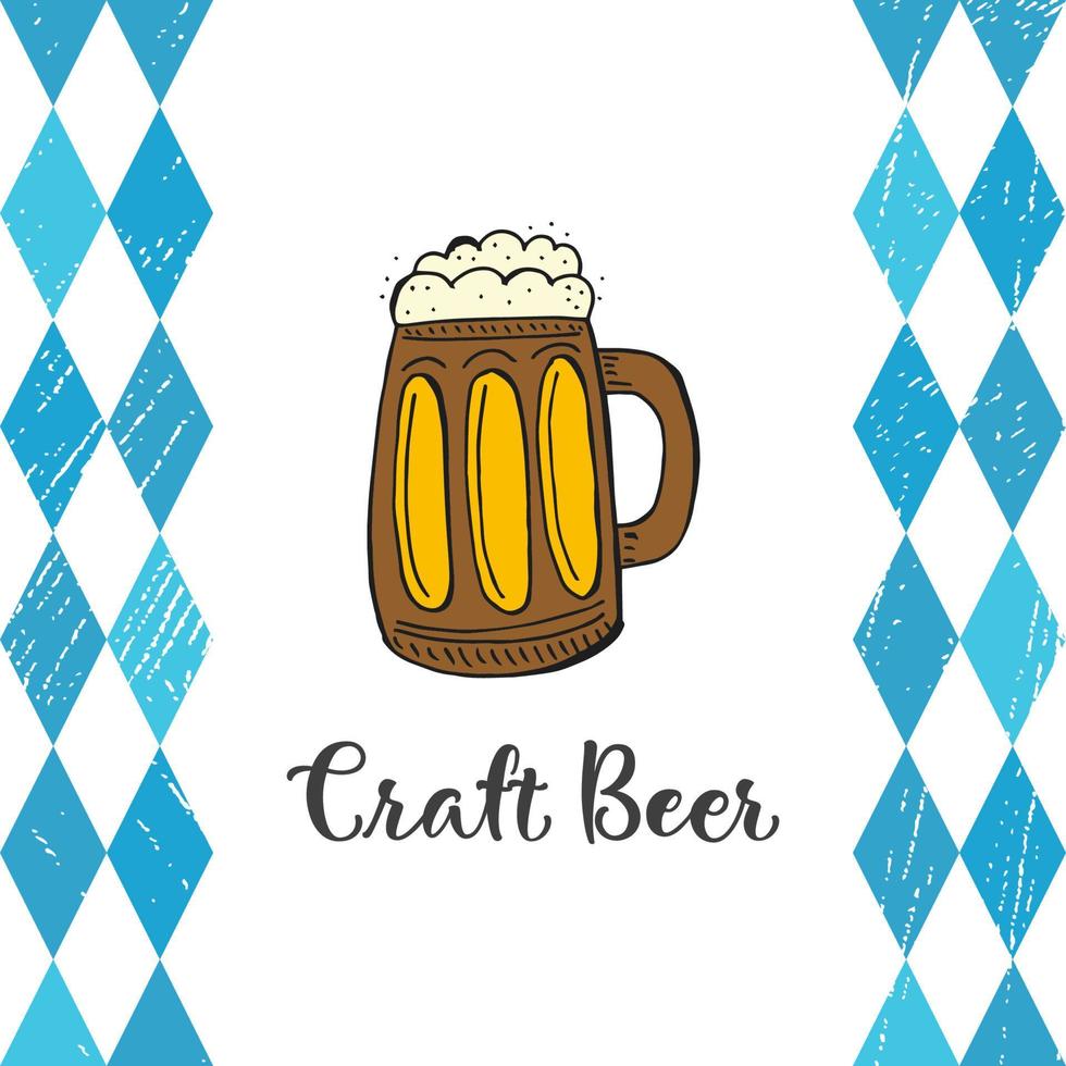 oktoberfest 2022 - festival da cerveja. elementos de doodle desenhados à mão. feriado tradicional alemão. caneca de madeira de cerveja em um fundo branco com losangos azuis e letras. vetor