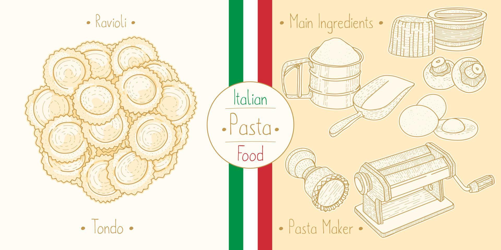 massa de comida italiana com recheio de ravioli tondo vetor