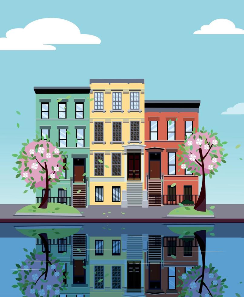 prédios de apartamentos coloridos no lago. fachadas de edifícios são refletidas na superfície do espelho da água. ilustração em vetor plana dos desenhos animados da cidade de primavera. casas coloridas de três e quatro andares. paisagem urbana de rua.