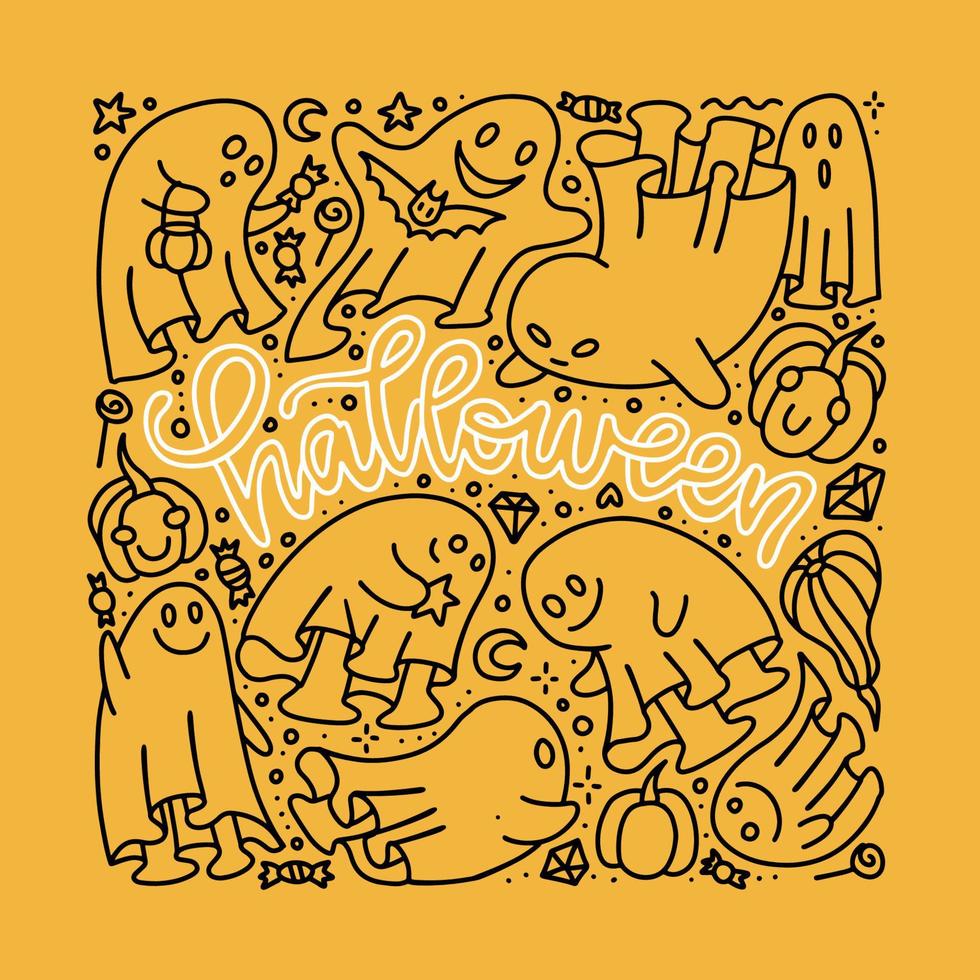 fantasmas engraçados de doodle de halloween conjunto isolados em fundo amarelo. coleção de fantasmas de lençol branco. composição para design sazonal, têxtil ou cartão de felicitações. mão desenhada ilustração vetorial linear. vetor