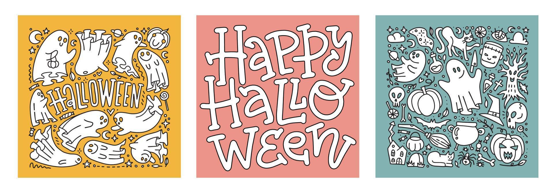 conjunto de cartões de letras de doodle de halloween com personagens fantasmas. monstros assustadores assustadores, fantasmas boo mortos e boohoo engraçado fofo fantasma de diabo curioso de mosca em traje. ilustração vetorial linear. vetor