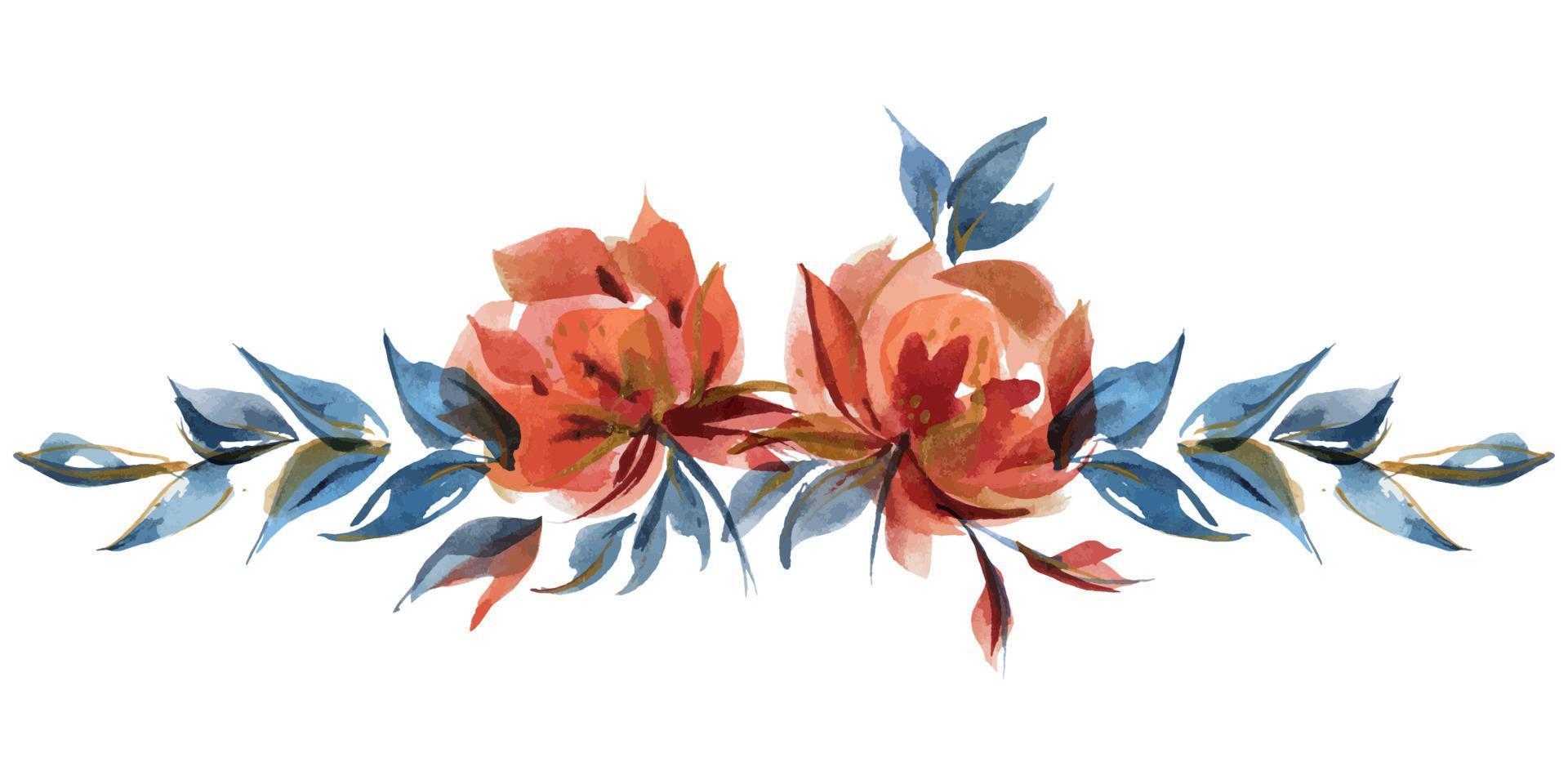 vinheta de guirlanda floral de rosas azuis e laranja na tendência folk cottege vetor
