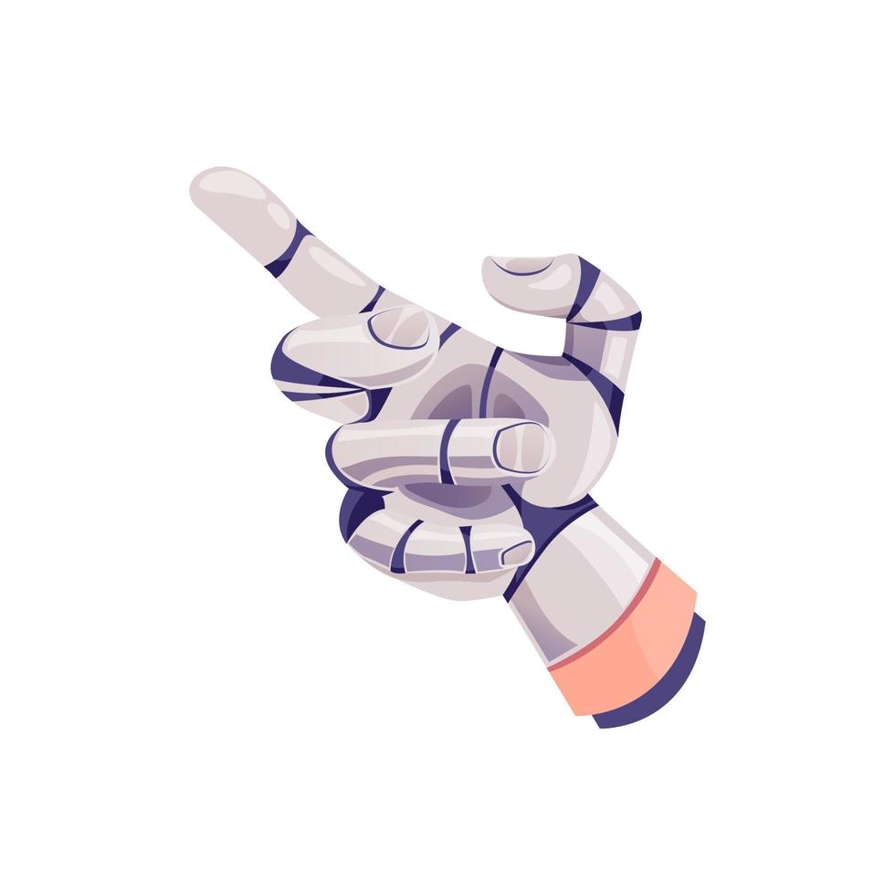 mão humana com o dedo apontando para cima, ícone de desenho animado isolado de prótese robótica. vector robô futurista mão artificial com dedo de metal, medicina de inovação deficientes membros de palma ciborgue robotizados