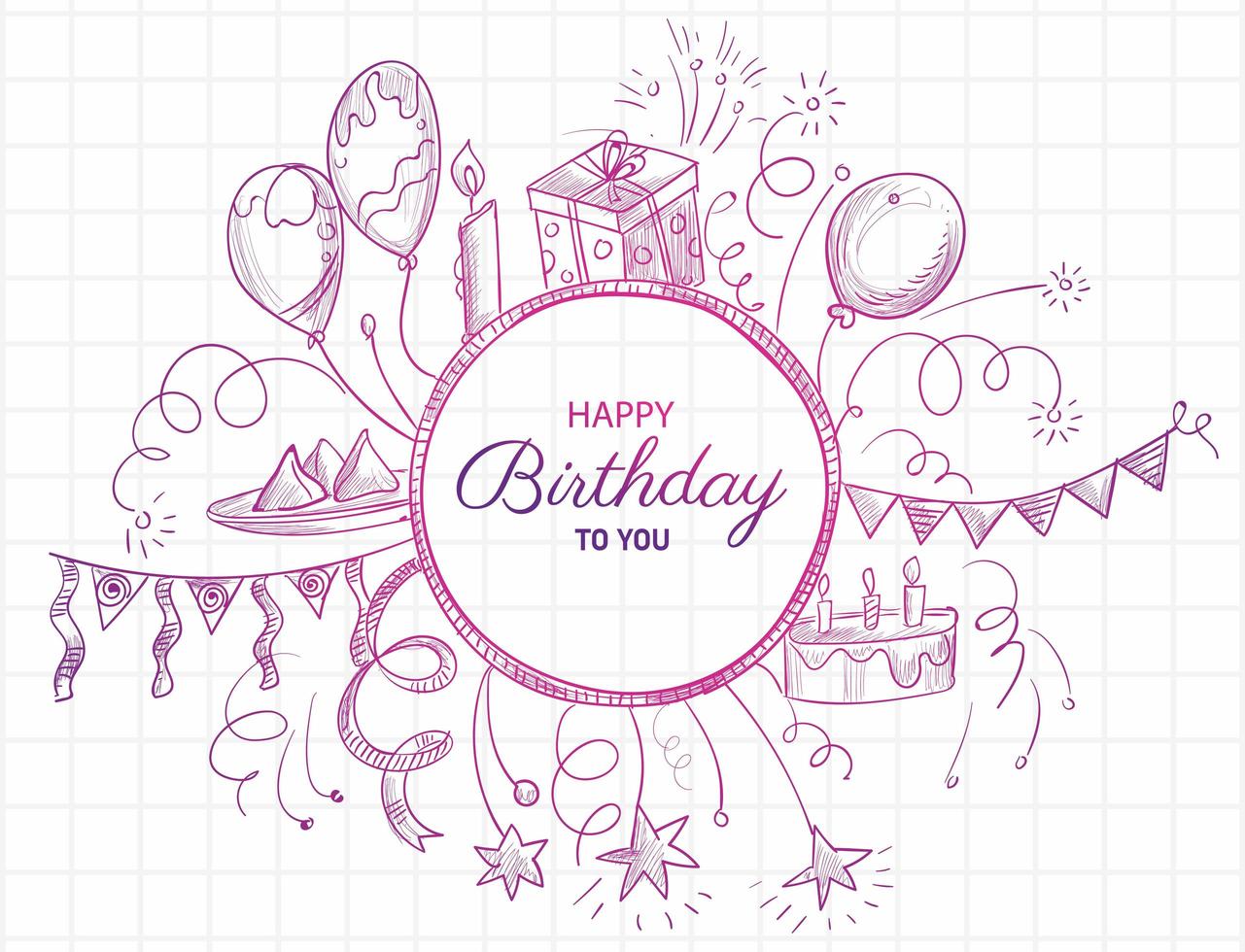 desenho rosa doodle design de cartão de feliz aniversário vetor