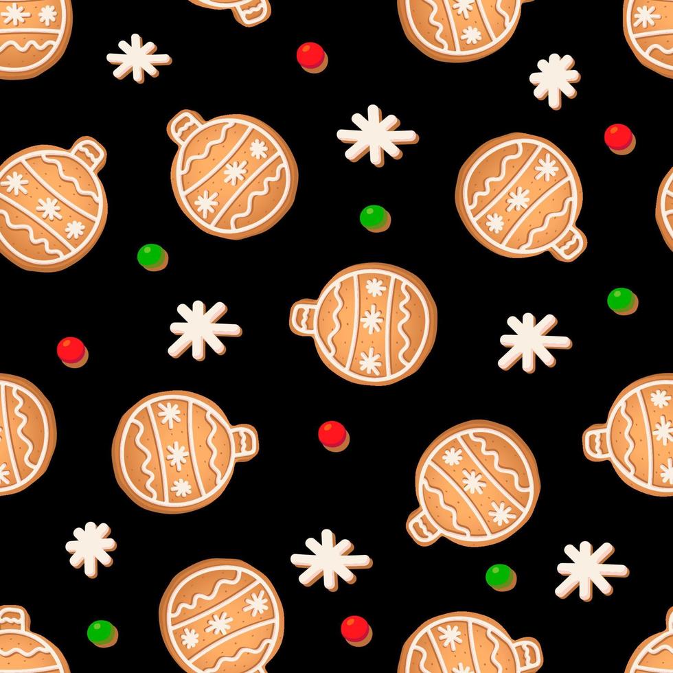 padrão sem emenda com biscoitos de gengibre em um fundo preto. floco de neve de gengibre, bola de ano novo vetor