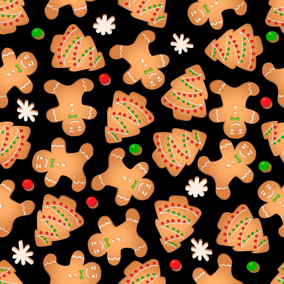 padrão sem emenda com biscoitos de gengibre em um fundo preto. homem de gengibre, árvore de natal, floco de neve vetor