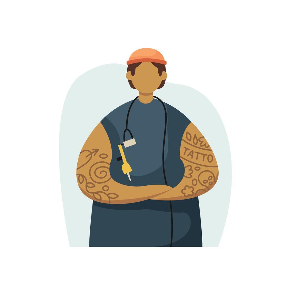 ilustração em vetor de um tatuador em uma roupa de hipster e uma arma de tatuagem. profissão. estilo simples