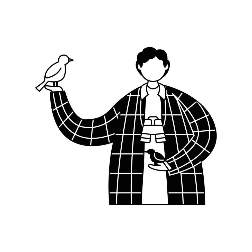ilustração vetorial de um ornitólogo com pássaros nas mãos e binóculos no pescoço. profissão. contorno vetor
