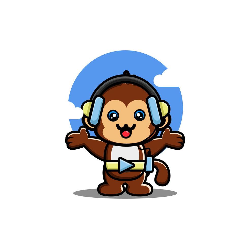 macaco fofo ouvindo música com personagem de desenho animado de fone de ouvido vetor