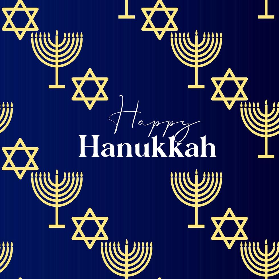 design de cartão de hanukkah feliz com símbolos de ouro sobre fundo de cor azul para feriado judaico de hanukkah vetor