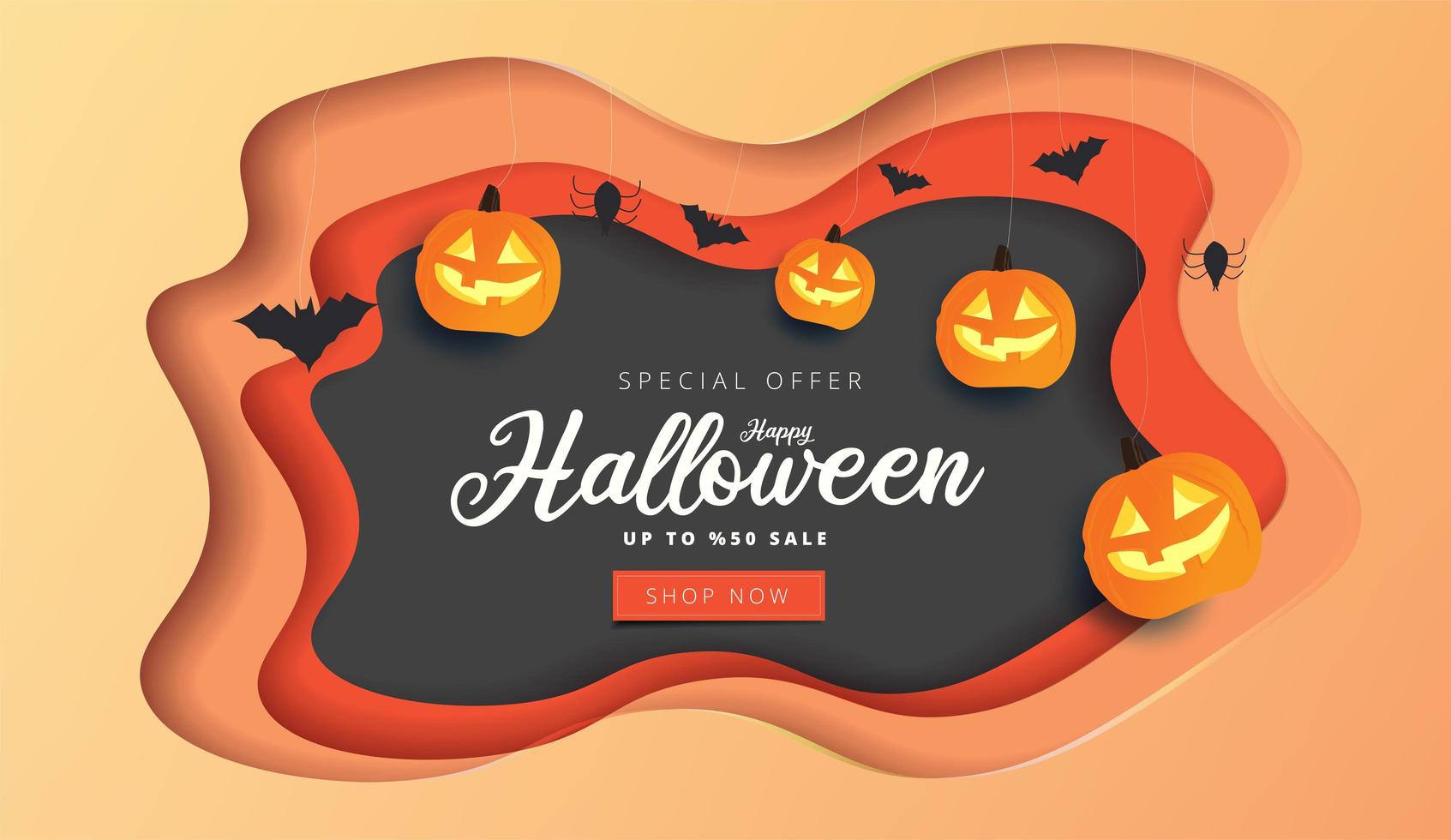 banner de venda de halloween moderno em papel arte laranja vetor