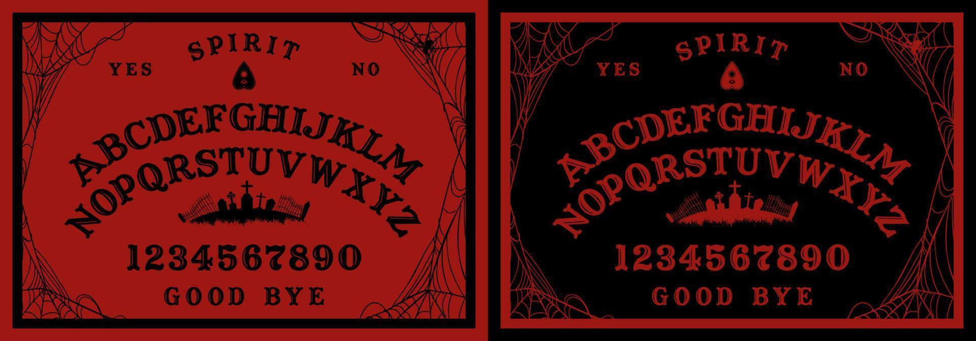 tabuleiro ouija de halloween na textura de madeira. planchette brincar com almas e demônios. cartaz da festa. gráfico, caligrafia, tipografia, alfabeto, letras, números e web. horizonte do cemitério. vetor