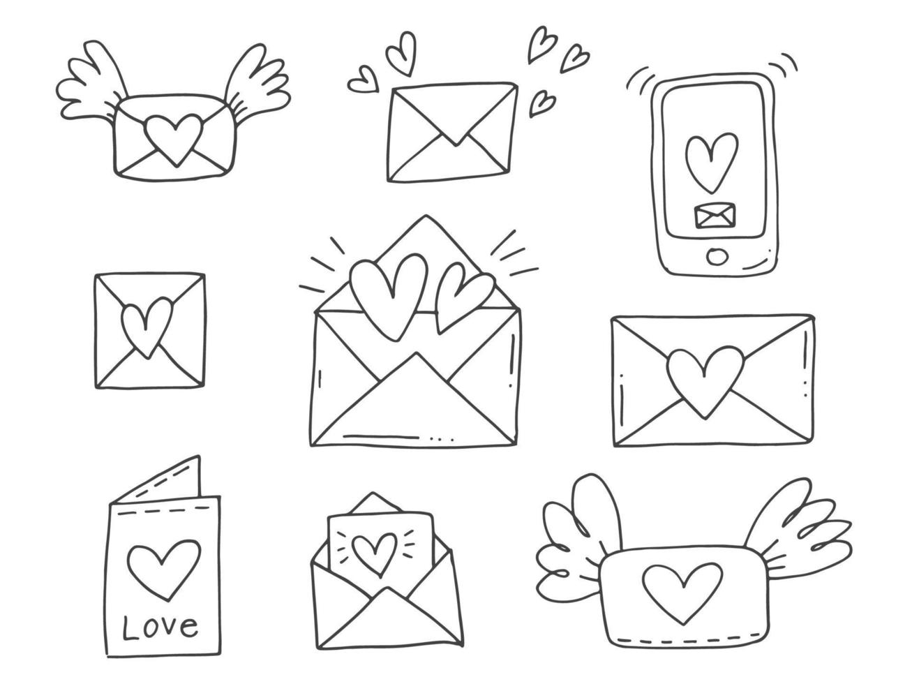 conjunto de elementos de doodle bonitos desenhados à mão sobre o amor. adesivos de mensagem para aplicativos. ícones para dia dos namorados, eventos românticos e casamento. envelopes com letras e asas e telefone com mensagem e coração. vetor