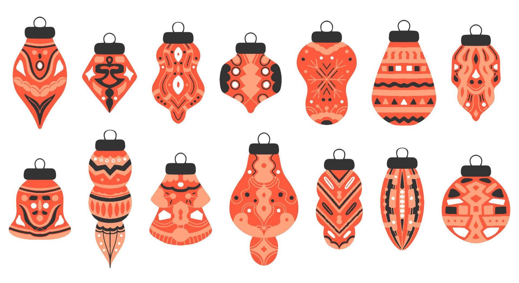ano novo conjunto bolas de árvore de natal em estilo desenhado à mão com ornamento. ícones isolados, adesivos, elementos para o design de folhetos, cartões postais, cartazes, convites. vetor