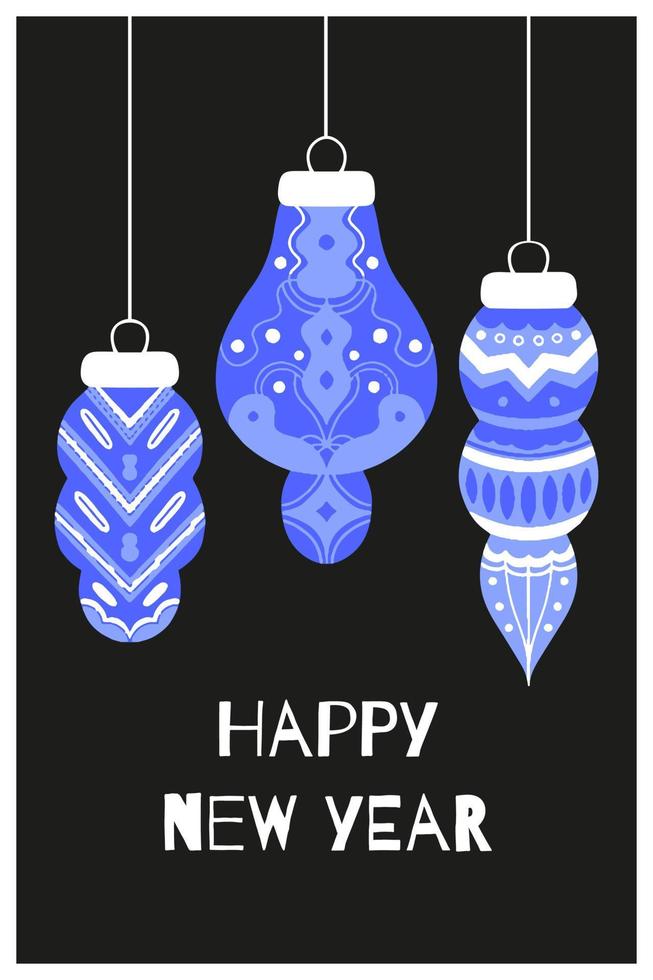 cartão de natal com bolas de árvore e feliz ano novo citação. na mão desenhada estilo em fundo isolado. para cartões postais, convites, cartazes, cartazes. vetor