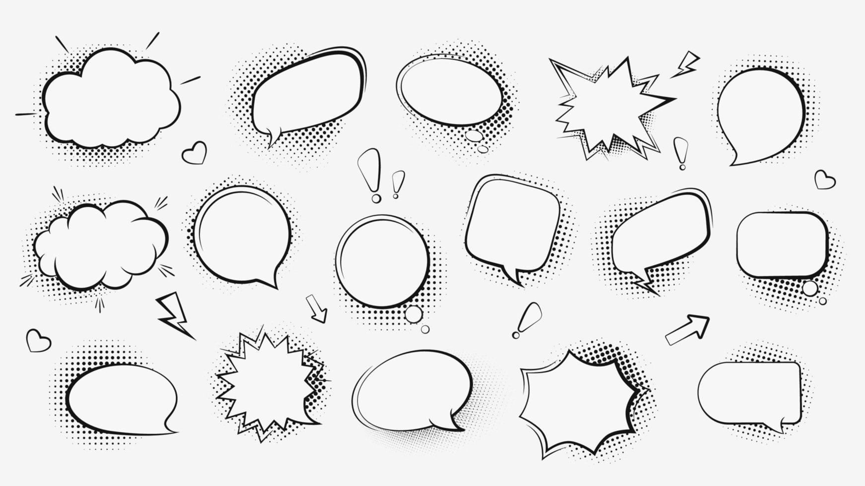 conjunto de bolha do discurso de nuvem em quadrinhos dos desenhos animados e elementos vintage pop art design isolado no fundo branco. coleção de ilustração plana de vetor de padrão de balão vazio retrô