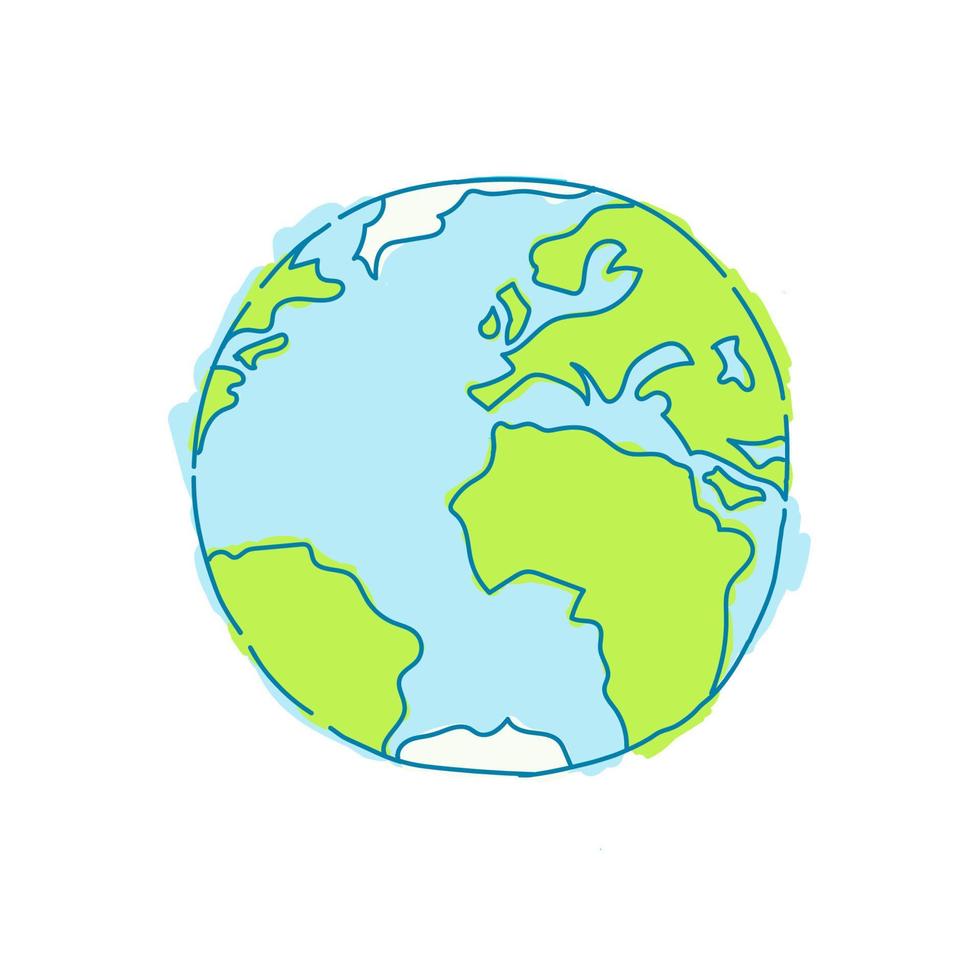 planeta terra desenhado à mão. mapa global com continentes de esboço verde e doodle geográfico de oceanos turva azul. vetor