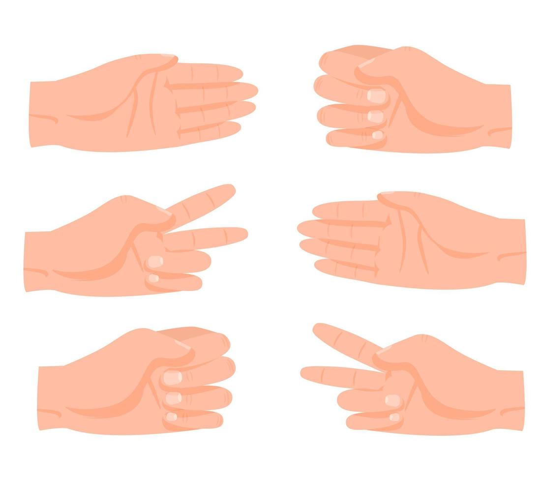 pedra de mão humana dos desenhos animados, tesoura, gestos de jogo de papel definir ilustração gráfica vetorial. coleção de competição lúdica de braço e dedos gesticulando isolado no fundo branco vetor