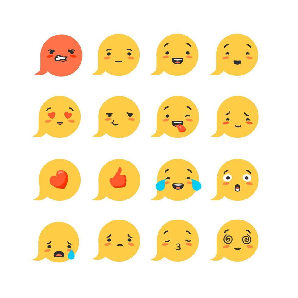 conjunto de desenhos animados emoticon. personagens de emoções vermelhas como com coração rostos alegres e tristes expressão de sucesso e vetor surpresa amarela chorando.