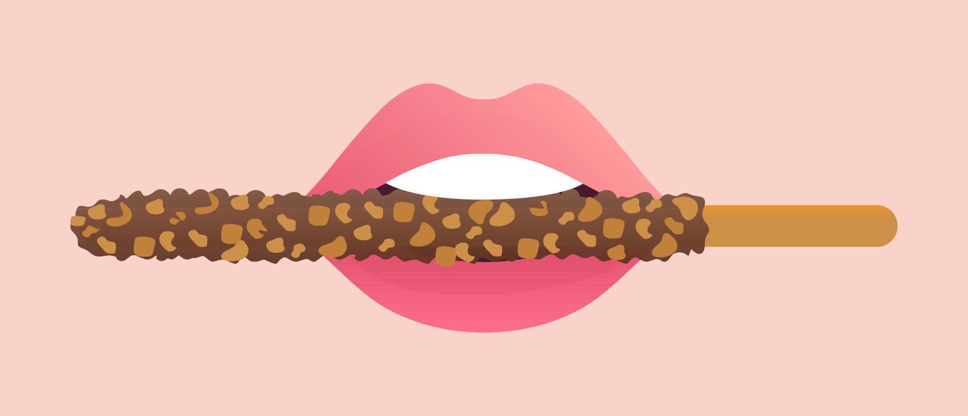 palito de pepero mergulhado em chocolate na ilustração vetorial de lábios cor de rosa vetor