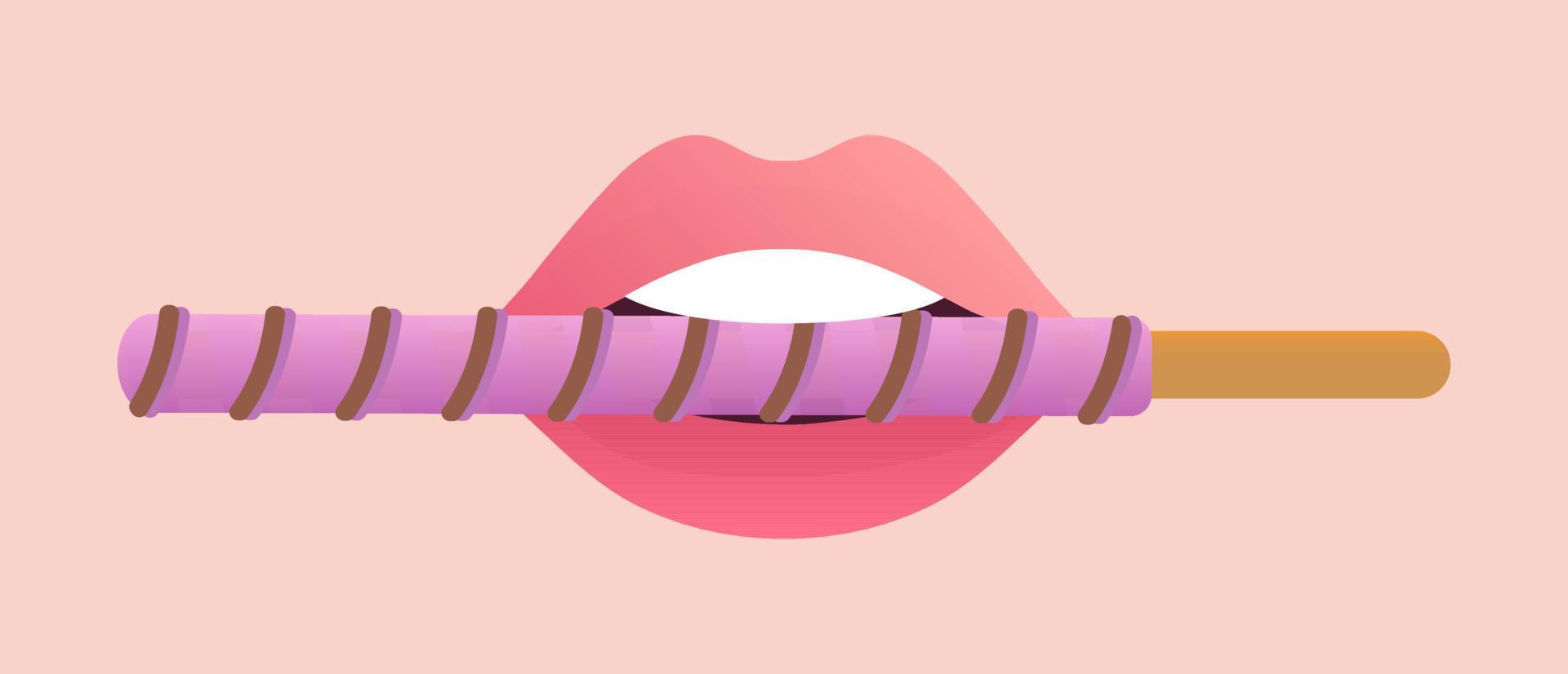 palito de pepero mergulhado em chocolate na ilustração vetorial de lábios cor de rosa vetor