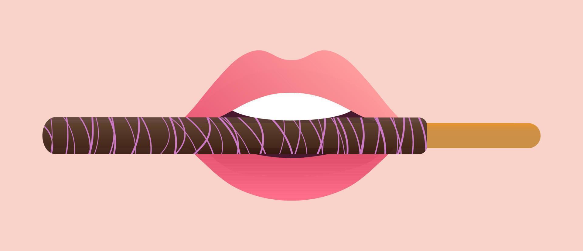 palito de pepero mergulhado em chocolate na ilustração vetorial de lábios cor de rosa vetor