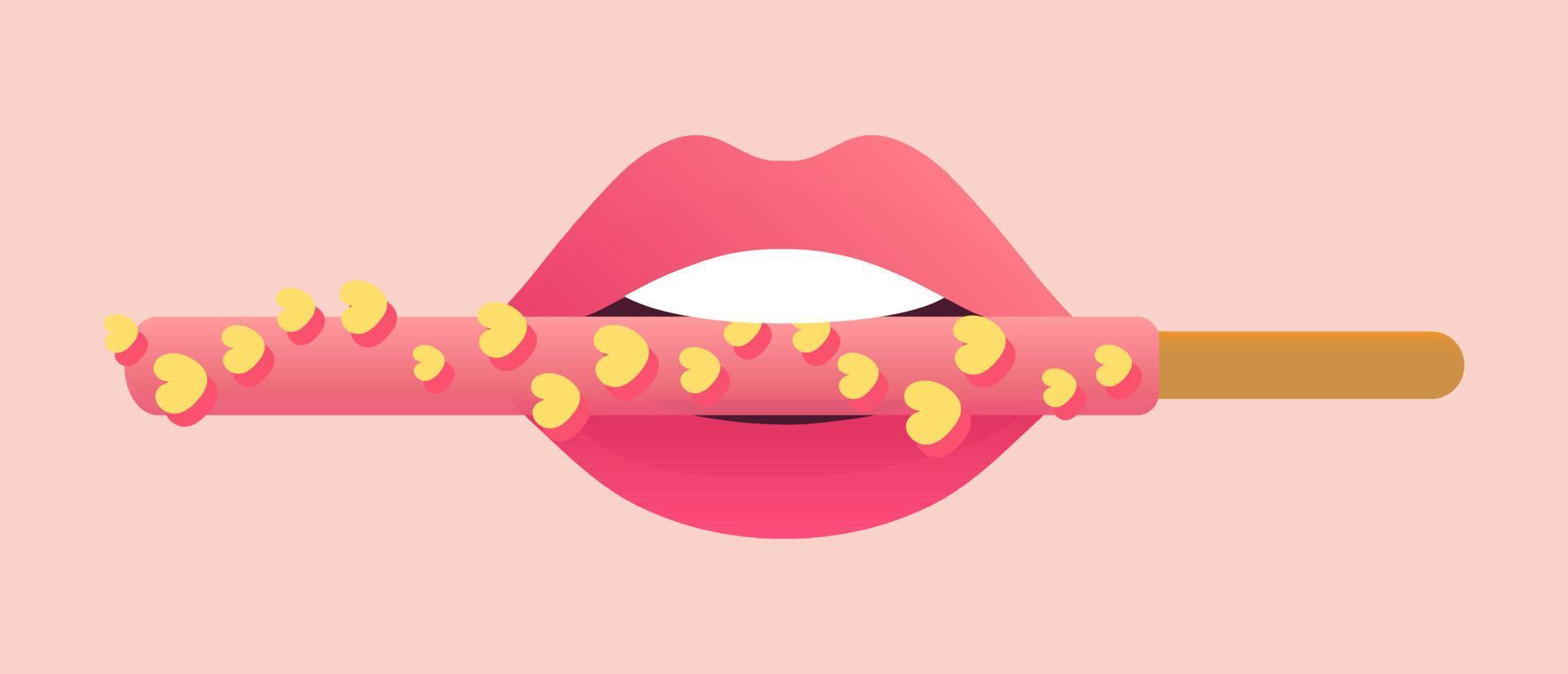 palito de pepero mergulhado em chocolate na ilustração vetorial de lábios cor de rosa vetor