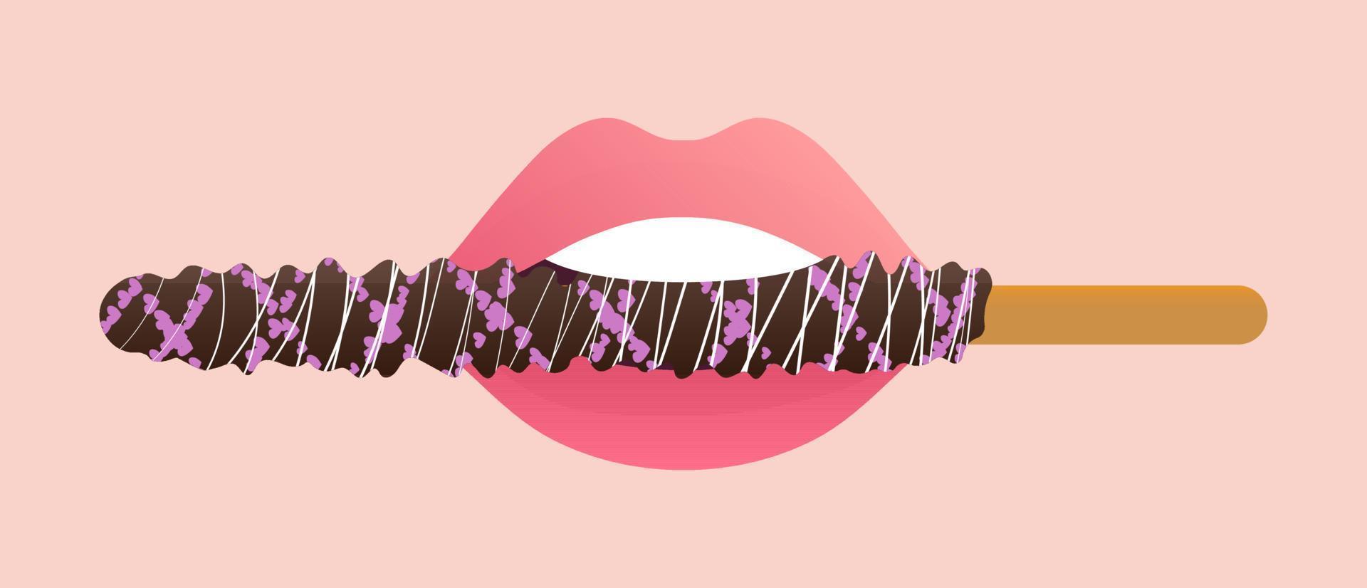 palito de pepero mergulhado em chocolate na ilustração vetorial de lábios cor de rosa vetor