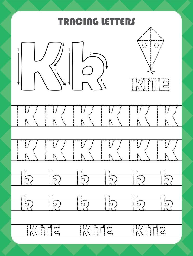 trace letras do alfabeto inglês e preencha as cores maiúsculas e minúsculas k. prática de caligrafia para planilha de crianças pré-escolares. vetor