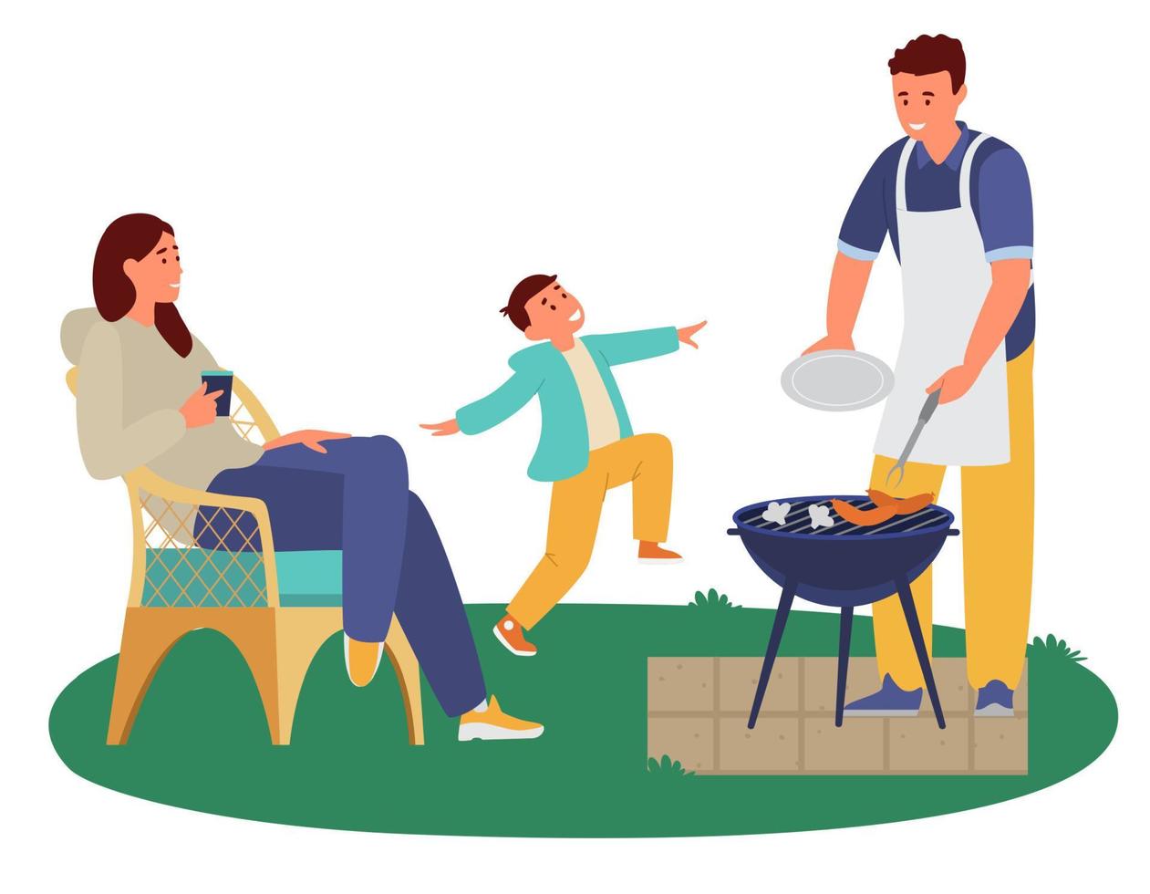 família fazendo festa de churrasco ao ar livre. isolado no branco. ilustração vetorial plana. vetor