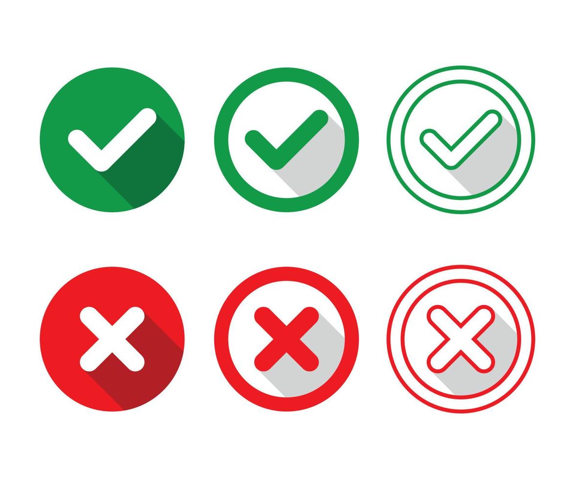 ícones de marca de seleção e marca cruzada, conjunto de botões redondos planos vetor
