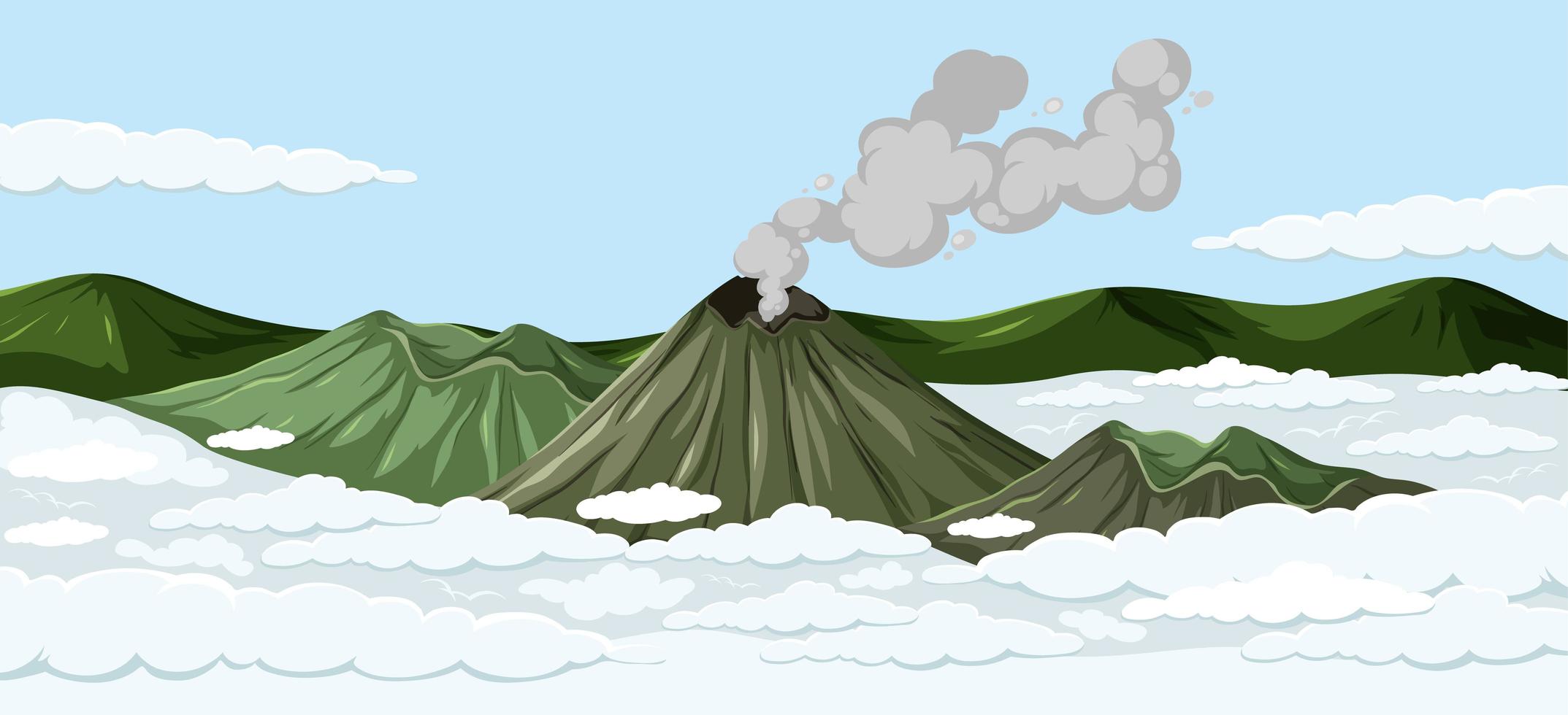 cena de vulcões acima das nuvens vetor