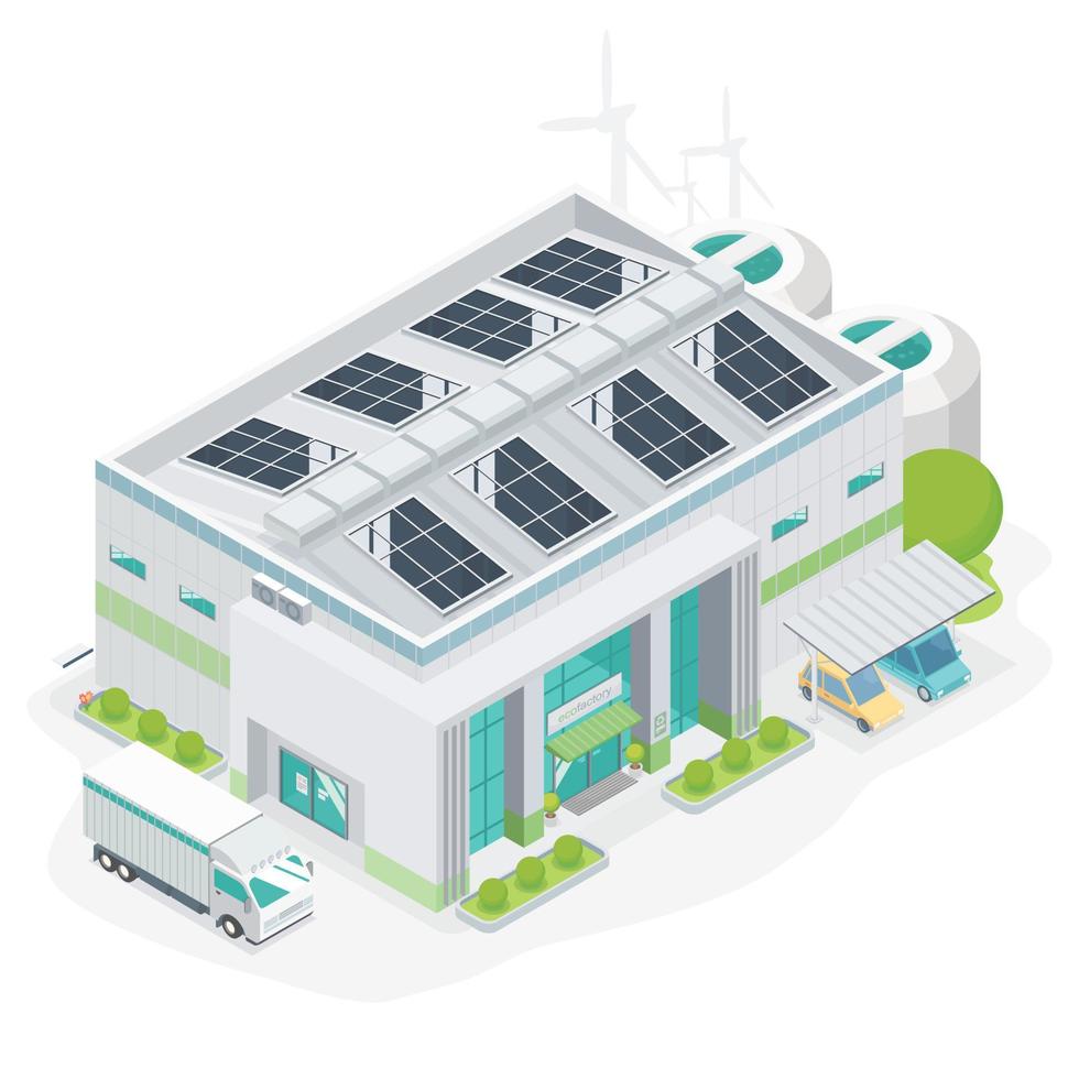 economia de energia de fábrica verde inteligente de ecologia com célula solar como isométrico amigável para a indústria dos sonhos vetor