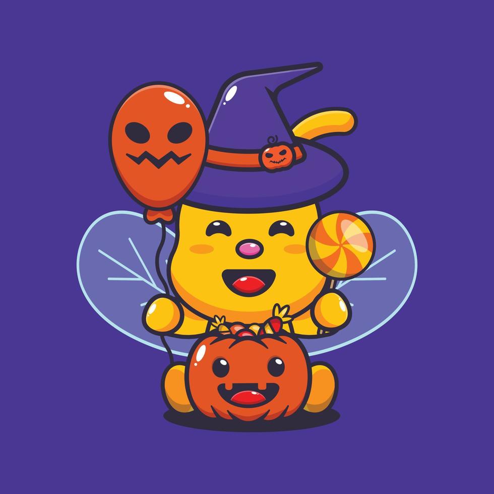 abelha de bruxa bonitinha segurando o balão de halloween e doces. ilustração bonito dos desenhos animados de halloween. vetor