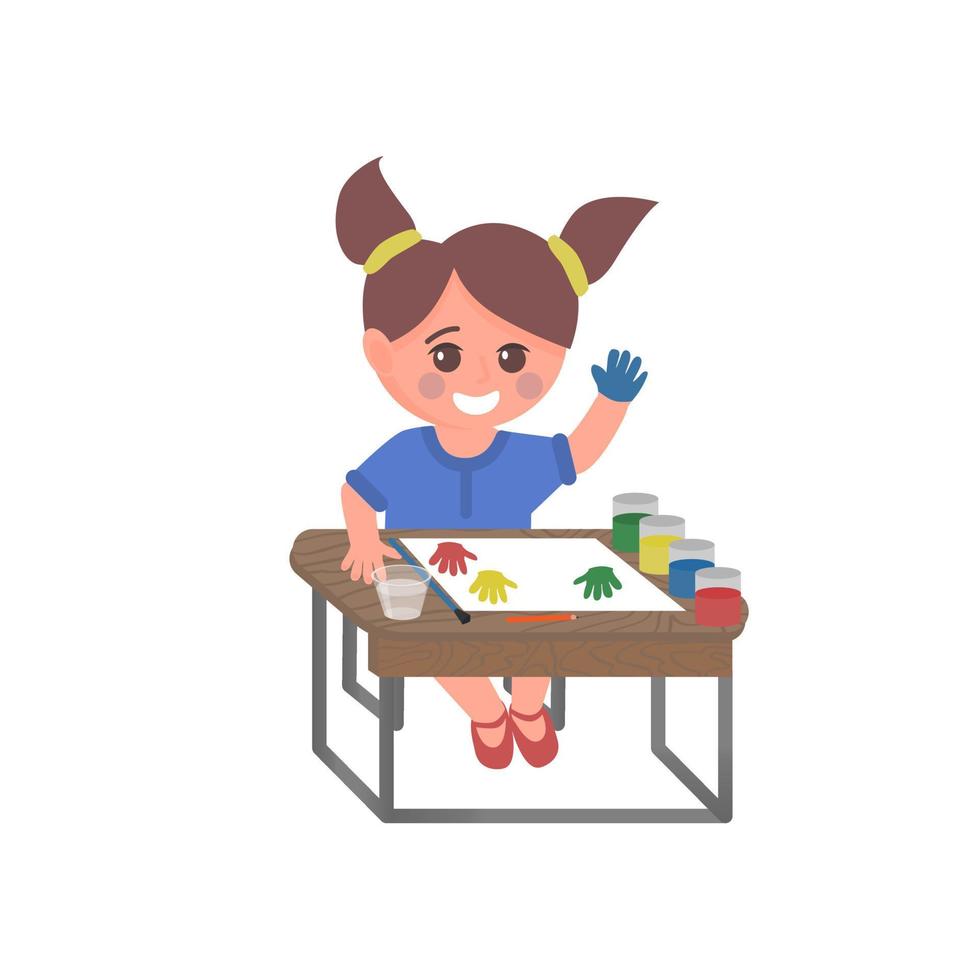 personagem de menina bonita da escola sentada na mesa e pintando ilustração vetorial isolada. conceito de educação precoce. vetor