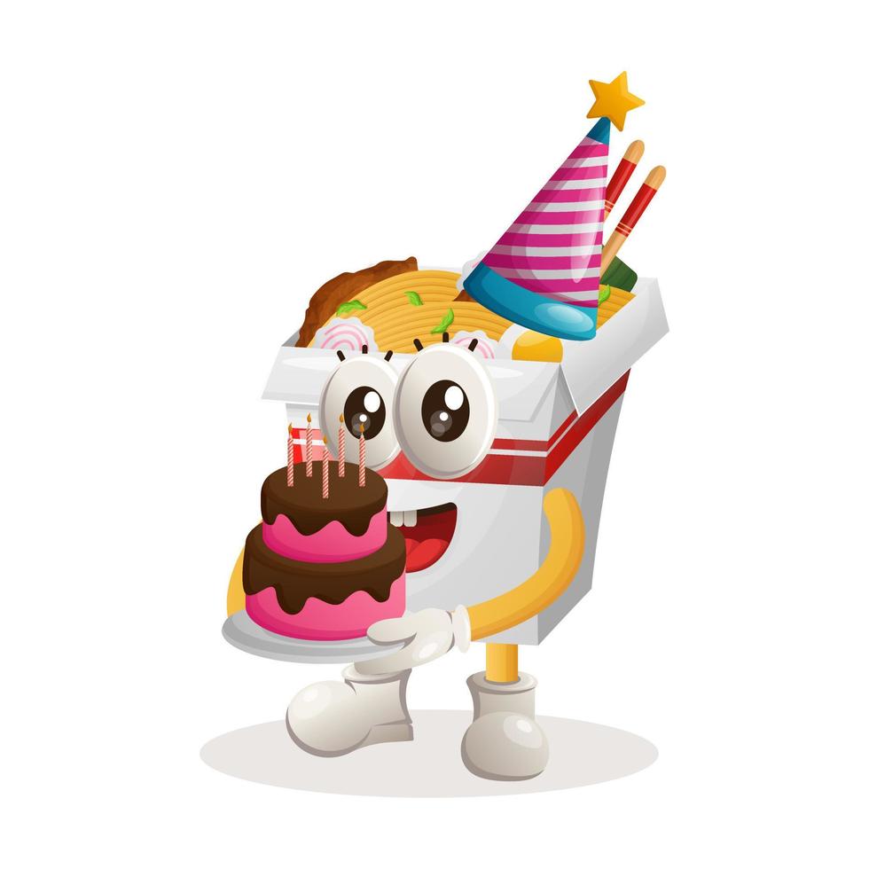 mascote de ramen bonito usando um chapéu de aniversário, segurando o bolo de aniversário vetor