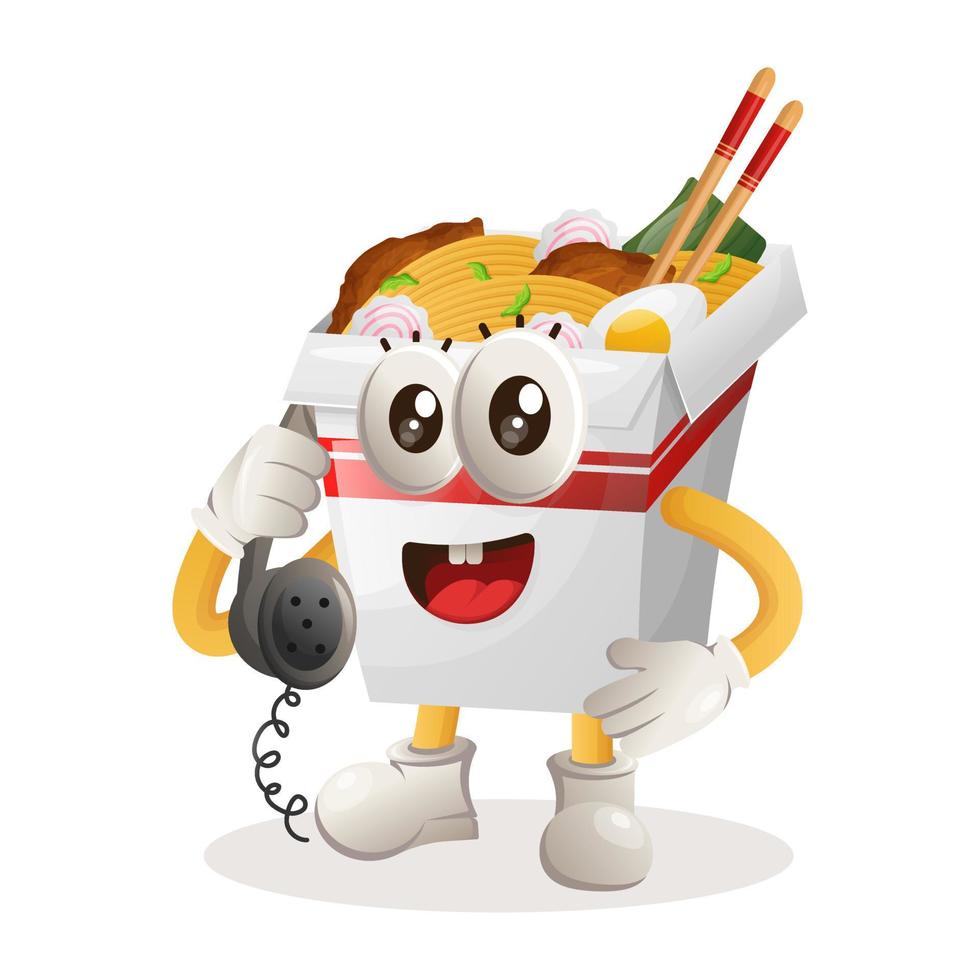 mascote de ramen bonito pegar o telefone, atender telefonemas vetor