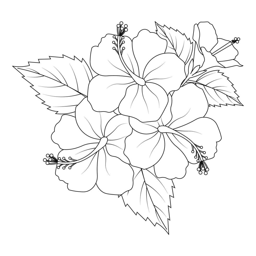 ilustração de página de coloração de flor de hibisco com traço de arte de linha de mão preto e branco desenhado vetor