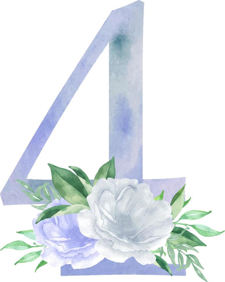 número floral azul aquarela - dígito 4 quatro com composição de buquê de flores. número 4 com flores e vegetação vetor