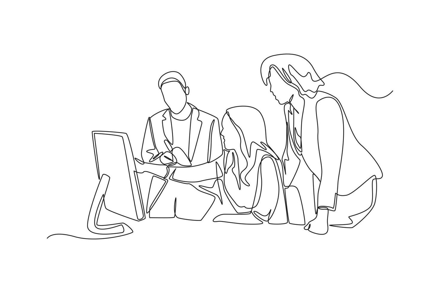 um desenho de linha contínua de trabalhadores da equipe discutindo dados na tela do computador no escritório. conceito de coworking. única linha desenhar desenho ilustração gráfica de vetor. vetor