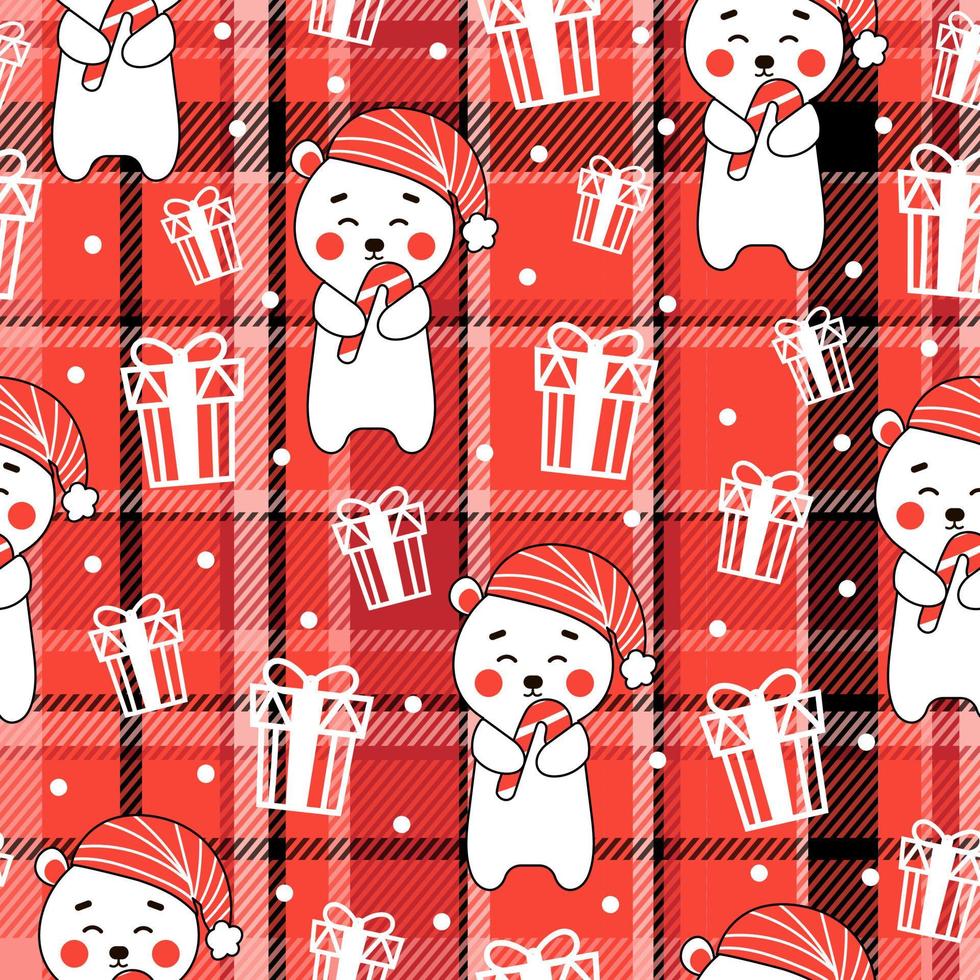 padrão perfeito de natal com personagem de urso fofo e presentes em fundo vermelho vetor