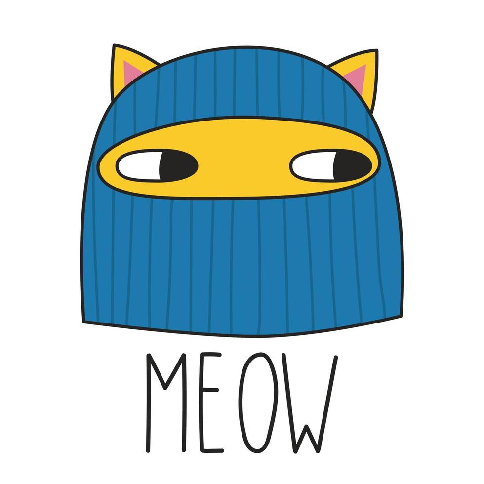 gato bonito em uma balaclava e letras miau. estilo doodle. ilustração vetorial vetor