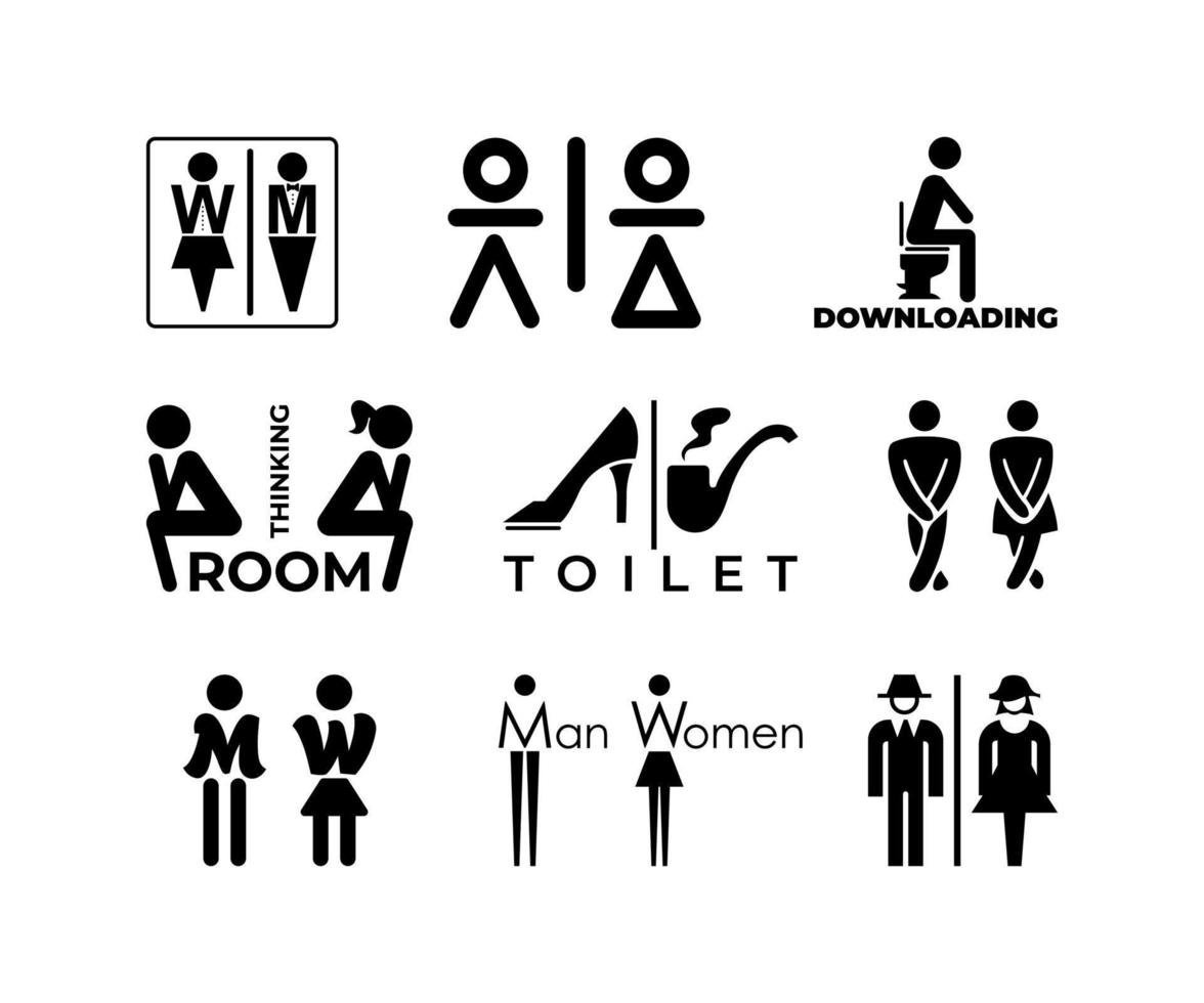 conjunto de ícone de sinal de wc engraçado sobre fundo branco. ícones vetor homem mulher. símbolo de banheiro engraçado