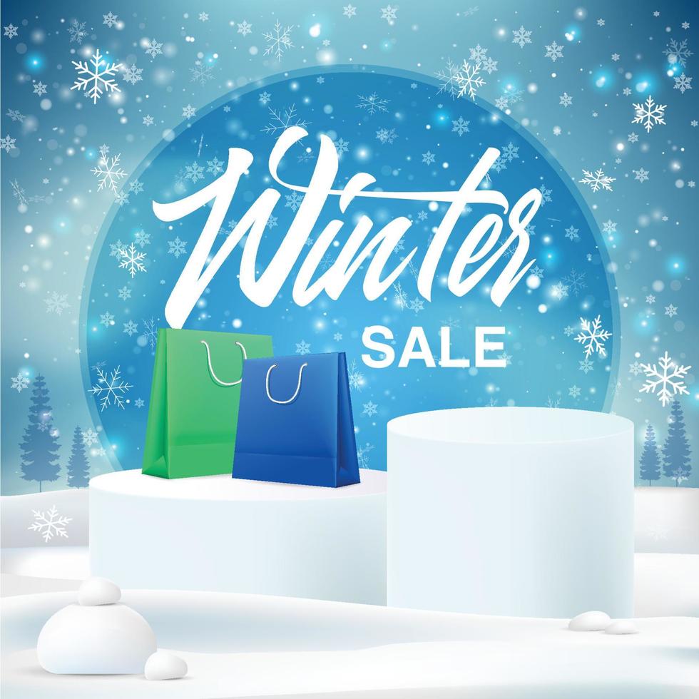 conceito de venda de inverno - sacolas de compras no pódio do produto com fundo de neve caindo. vetor