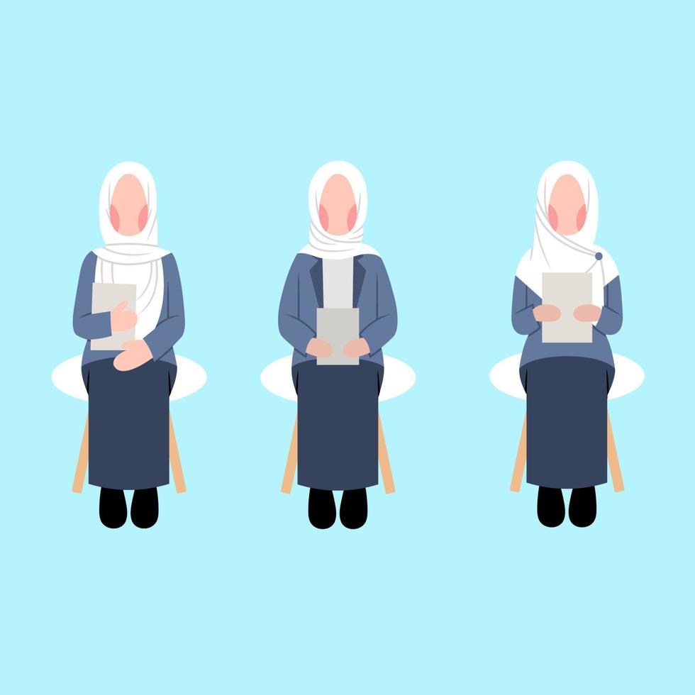 conjunto de personagem de mulher hijab esperando entrevista de emprego vetor